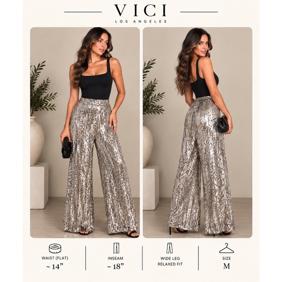 Vici Pants - VICI Silver Sequin Wide Leg Pants High Rise Party Trousers Medium